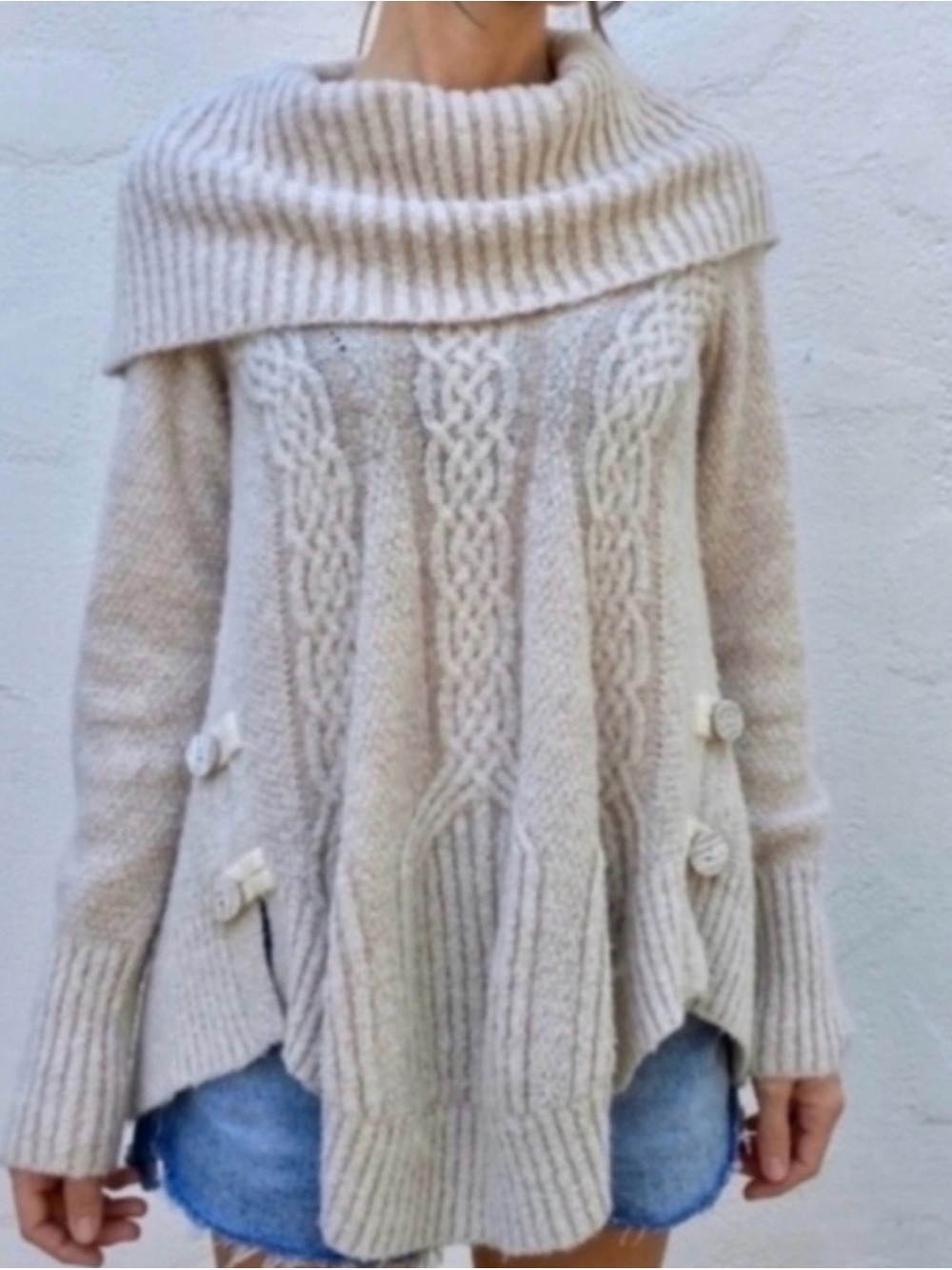 Anthropologie Angel of the North Cream Wool Blend Cowl Neck Chunky Knit Sweater
